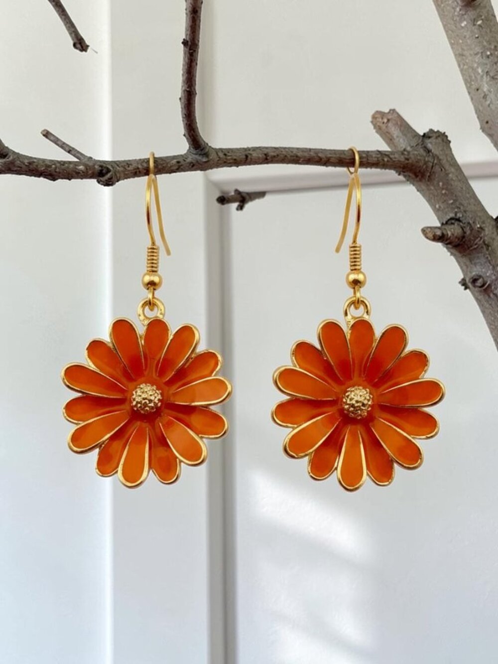 Cottagecore Daisy Drop Earrings Floral Orange Enamel Dangle Retro Y2K Handmade